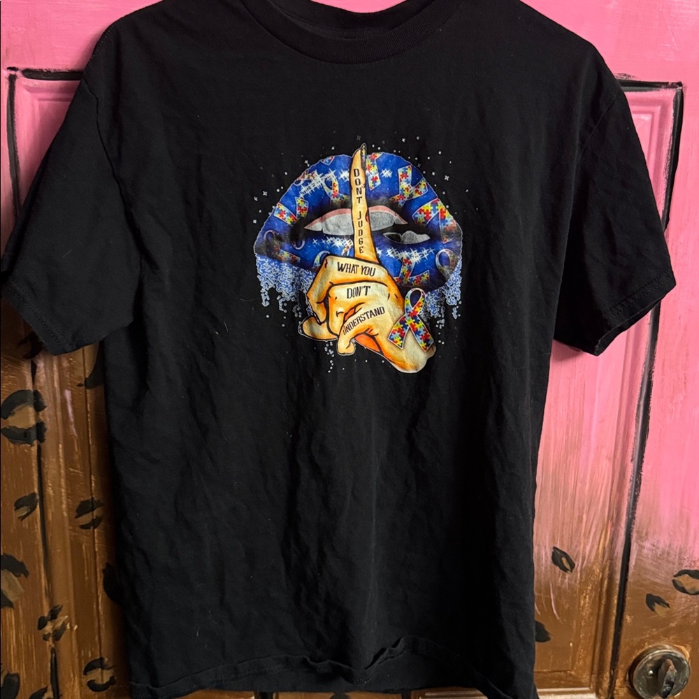 Black Graphic Tee with Colorful Lips and Guitar Design